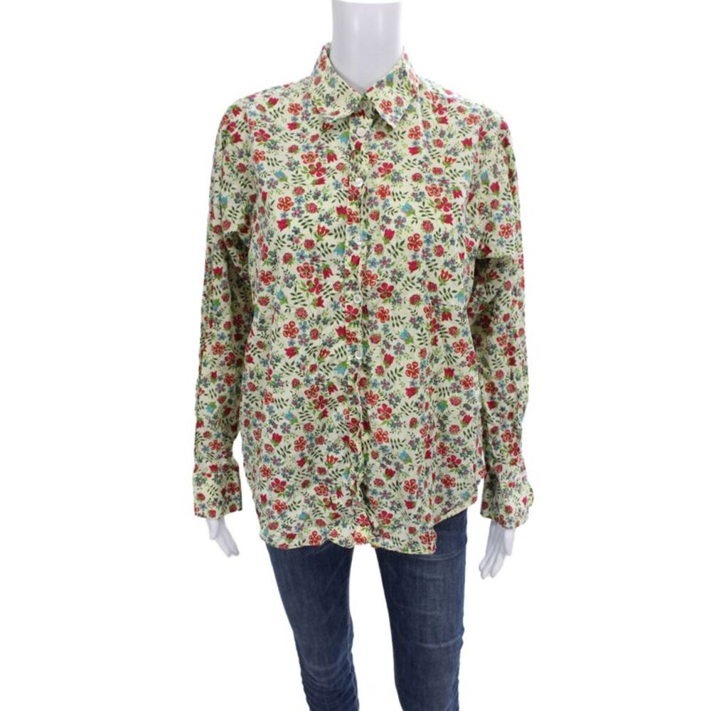 Liberty Women Floral Collared Cotton Button-Up Top Long Sleeve Beige Size 10